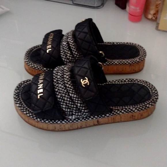 CHANEL Shoes - #8 CHANEL Cord Lambskin Quilted Logo CC Flat Mule DAD Sandals